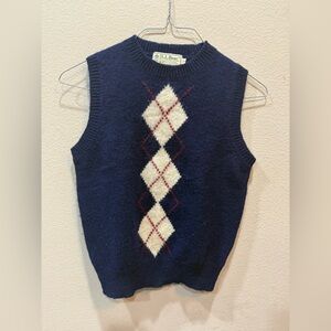 Vintage L.L bean Navy 100% Shetland Wool Argyle Sweater Vest size 34